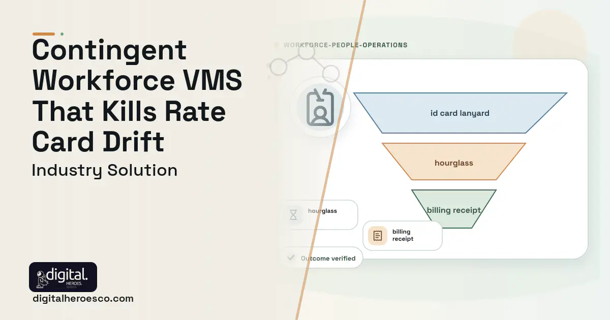 Contingent Workforce Vms Platform software visual showing id card lanyard, hourglass, and billing receipt.