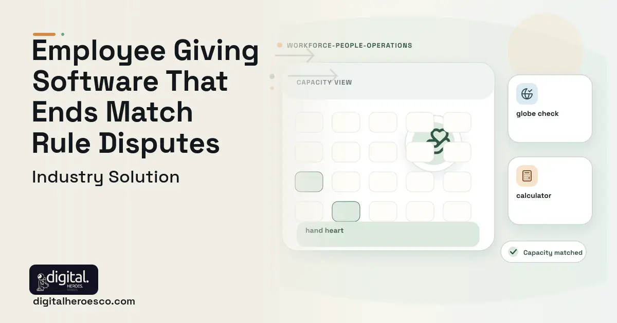 Corporate Giving Volunteering Platform software visual showing hand heart, globe check, and calculator.