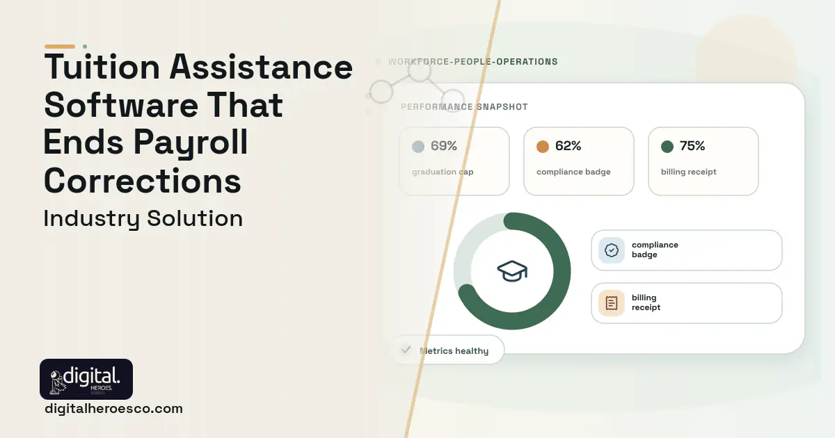 Corporate Tuition Benefits Administration software visual showing graduation cap, compliance badge, and billing receipt.