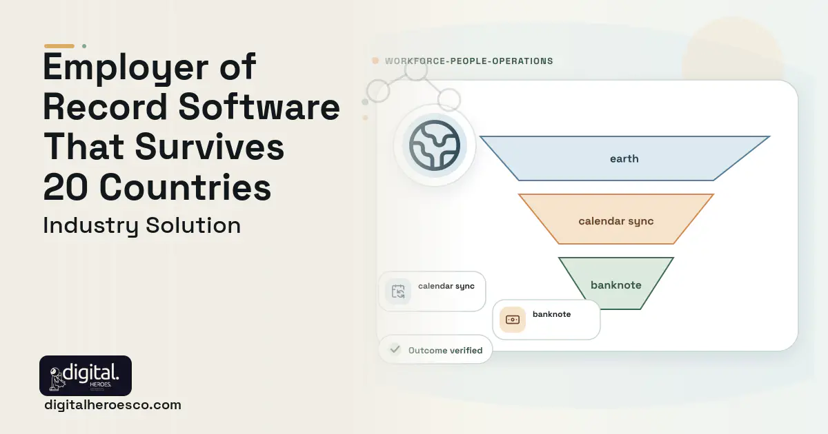 Employer of Record Platform software visual showing earth, calendar sync, and banknote.