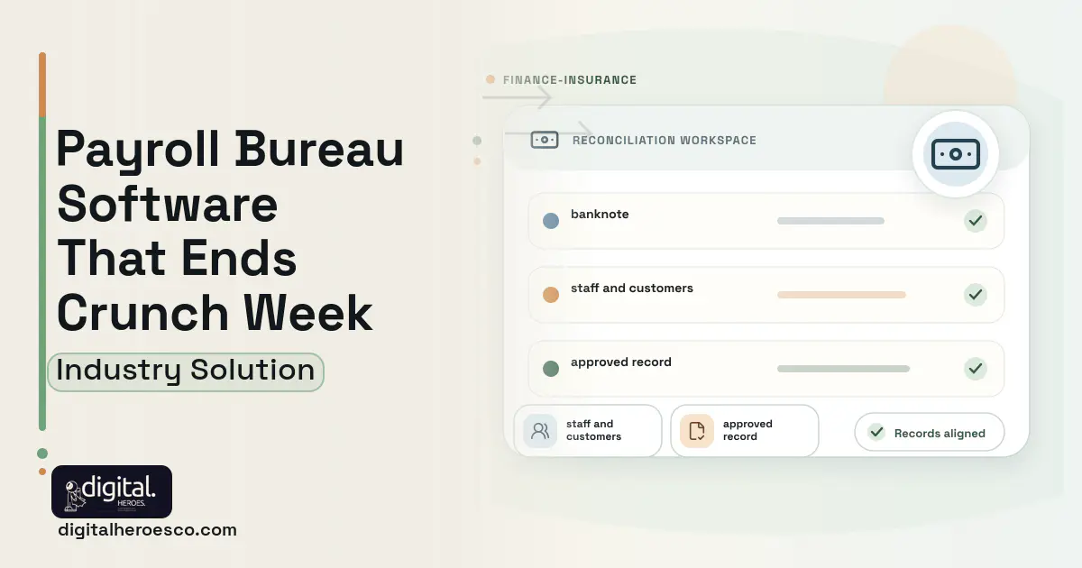 Payroll Bureau software visual showing banknote, staff and customers, and approved record.