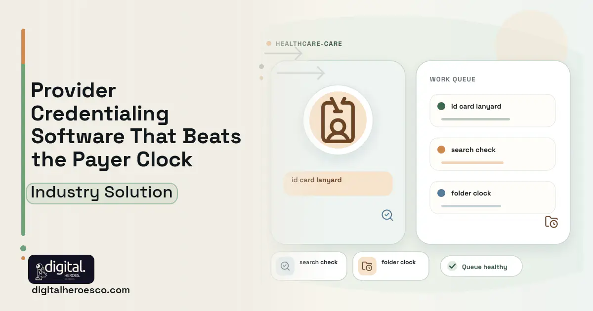 Provider Credentialing software visual showing id card lanyard, search check, and folder clock.