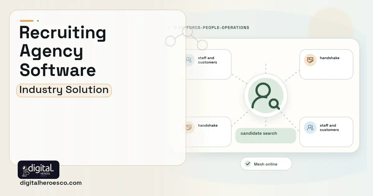 Recruiting Agency software visual showing candidate search, staff and customers, and handshake.
