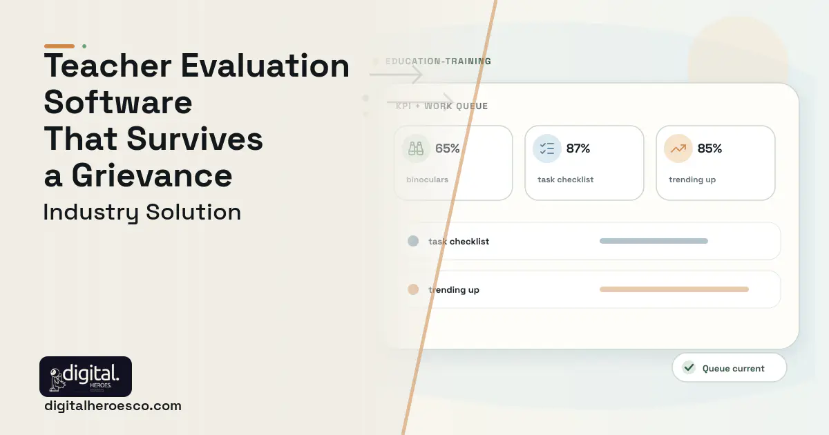 Teacher Evaluation and Professional Growth software visual showing binoculars, task checklist, and trending up.