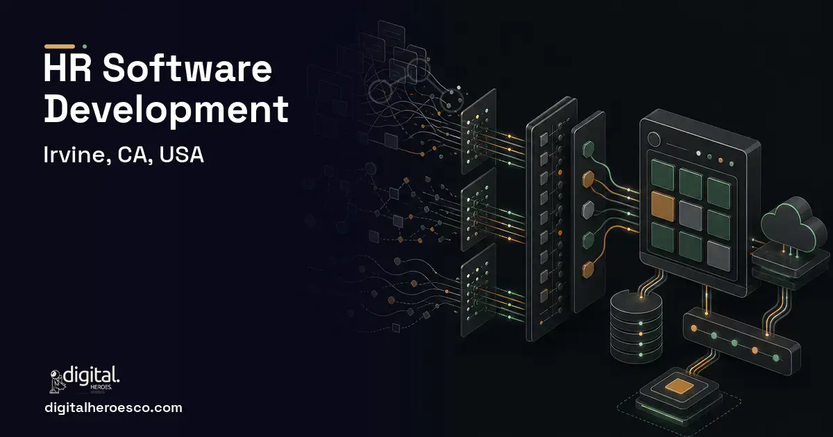 HR Software Development workflow illustration for Irvine, CA, USA.