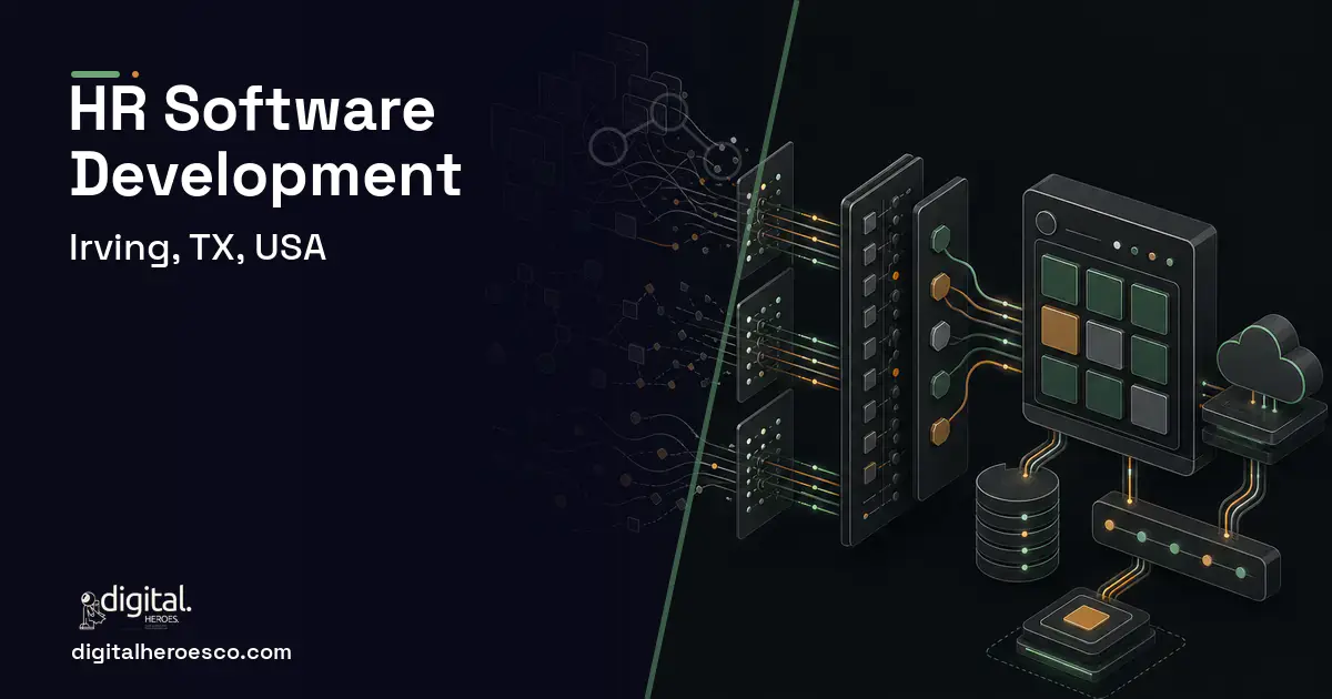 HR Software Development workflow illustration for Irving, TX, USA.