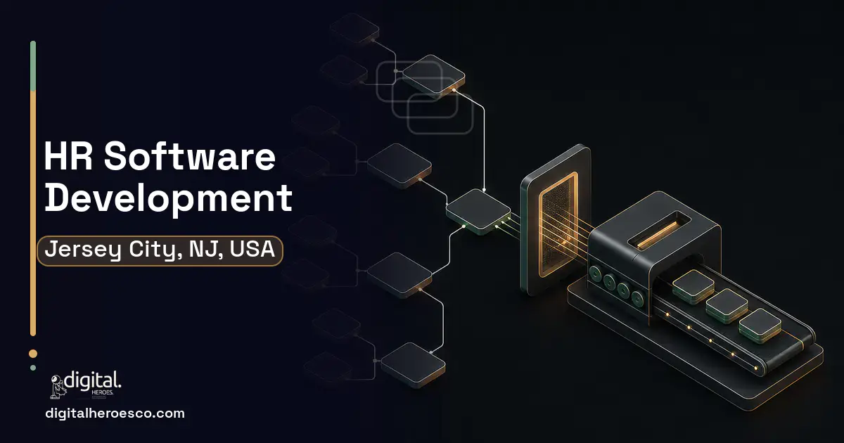 HR Software Development software overview illustration for Jersey City, NJ, USA.