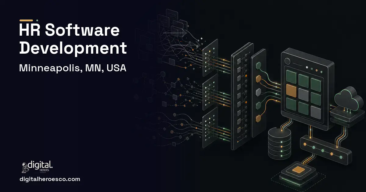HR Software Development workflow illustration for Minneapolis, MN, USA.