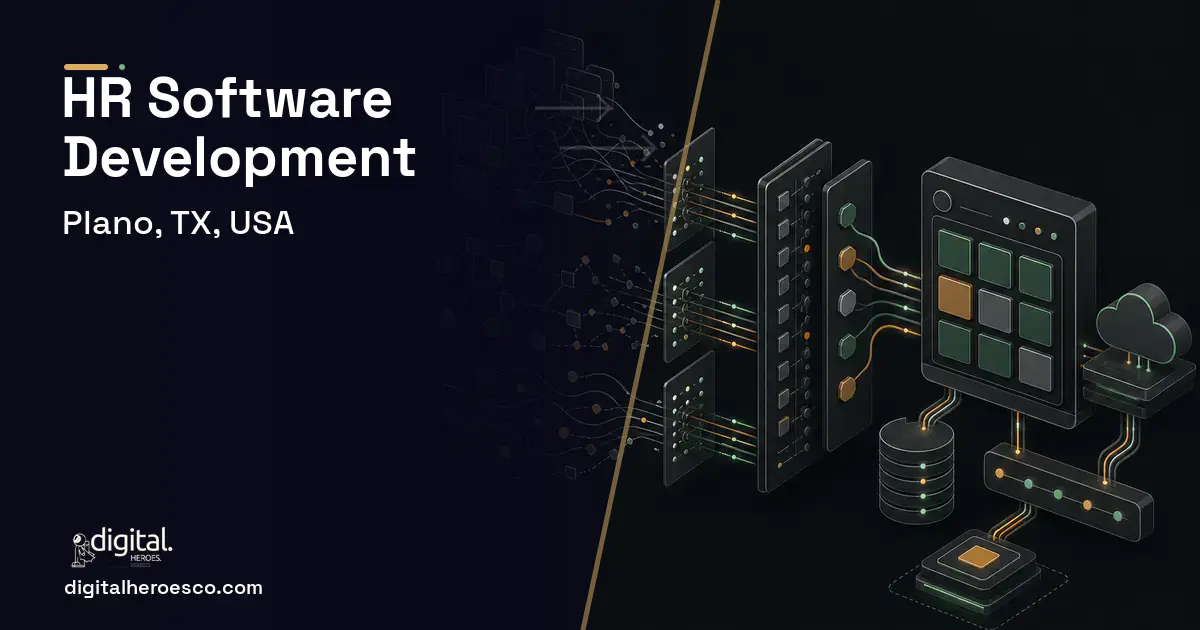 HR Software Development workflow illustration for Plano, TX, USA.