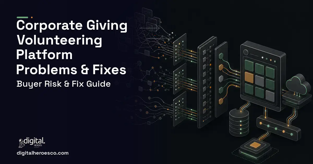 Corporate Giving Volunteering Platform workflow illustration showing common problems and fixes.