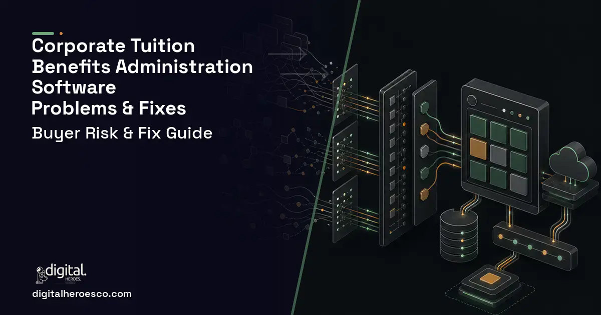 Corporate Tuition Benefits Administration Software workflow illustration showing common problems and fixes.