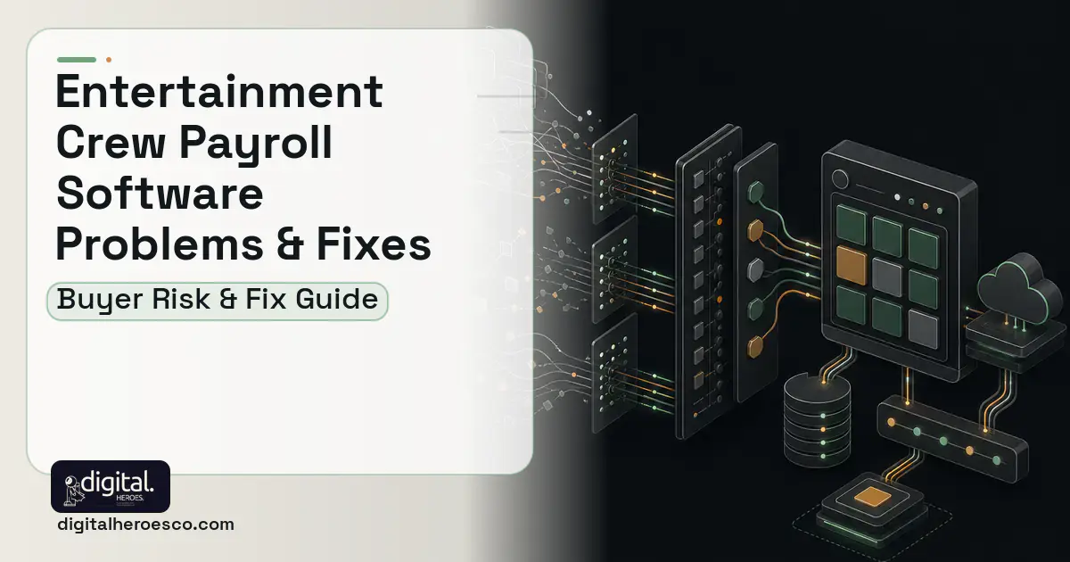 Entertainment Crew Payroll Software workflow illustration showing common problems and fixes.