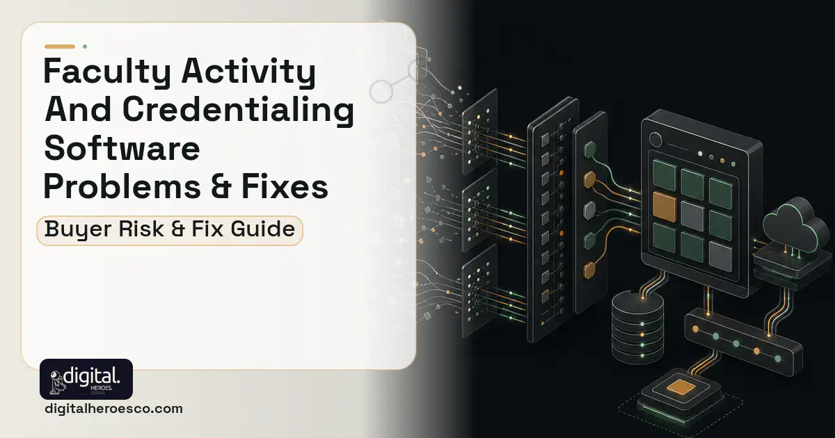 Faculty Activity AND Credentialing Software workflow illustration showing common problems and fixes.