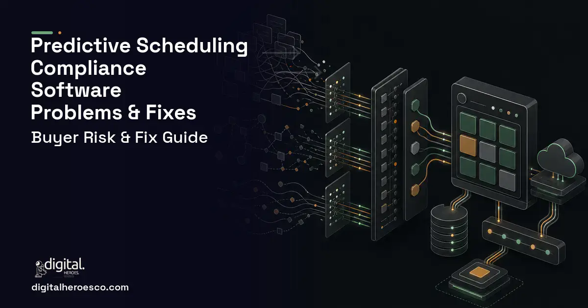 Predictive Scheduling Compliance Software workflow illustration showing common problems and fixes.