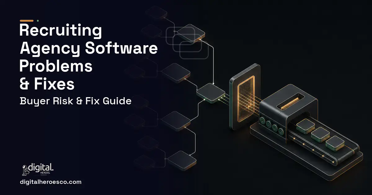 Recruiting Agency Software software overview illustration showing common problems and fixes.