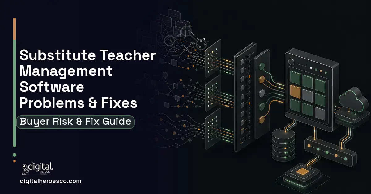 Substitute Teacher Management Software workflow illustration showing common problems and fixes.
