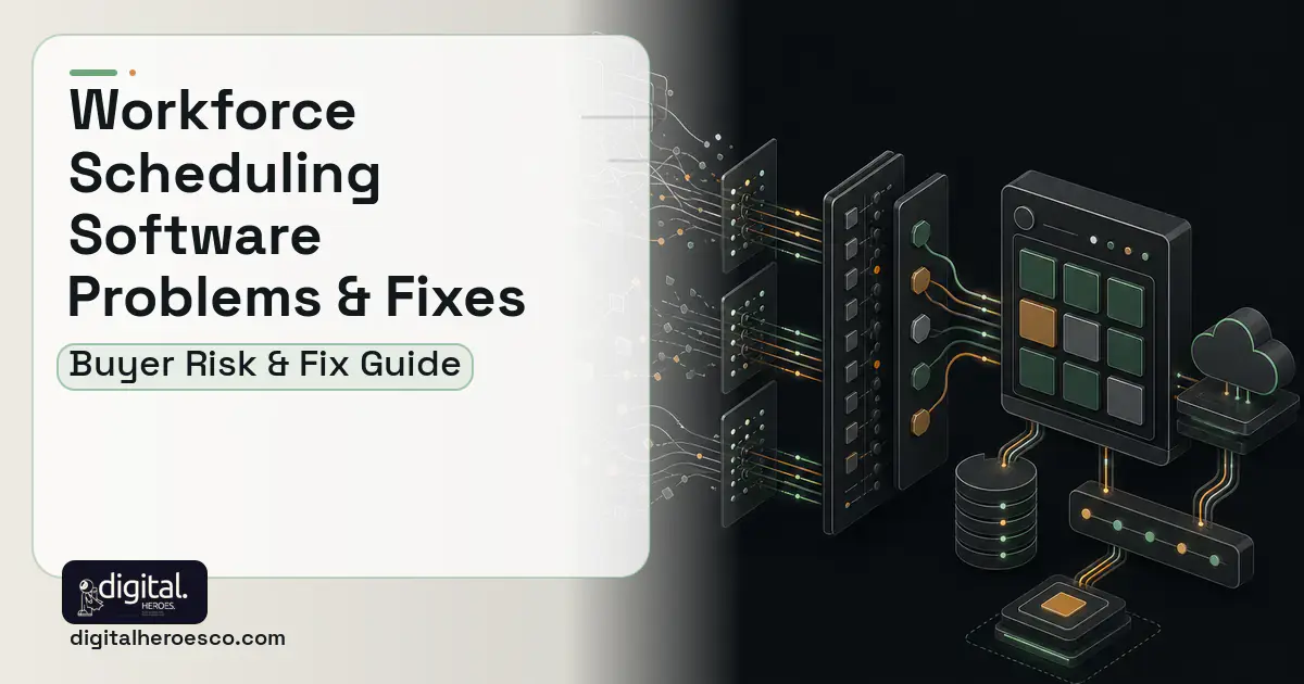 Workforce Scheduling Software workflow illustration showing common problems and fixes.