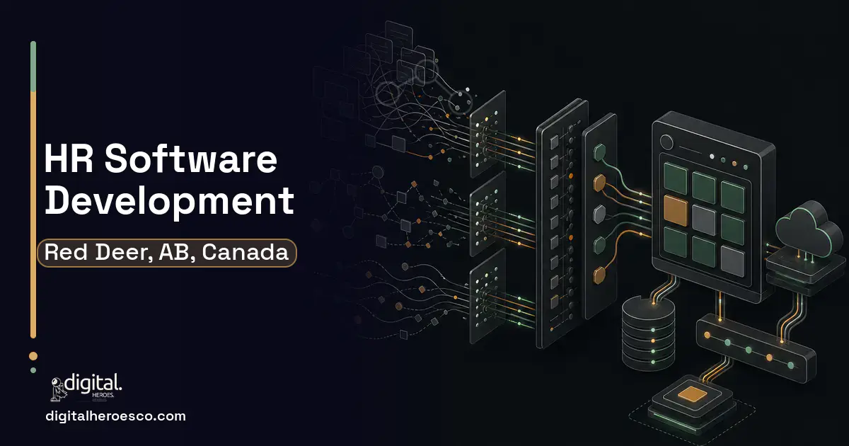 HR Software Development workflow illustration for Red Deer, AB, Canada.