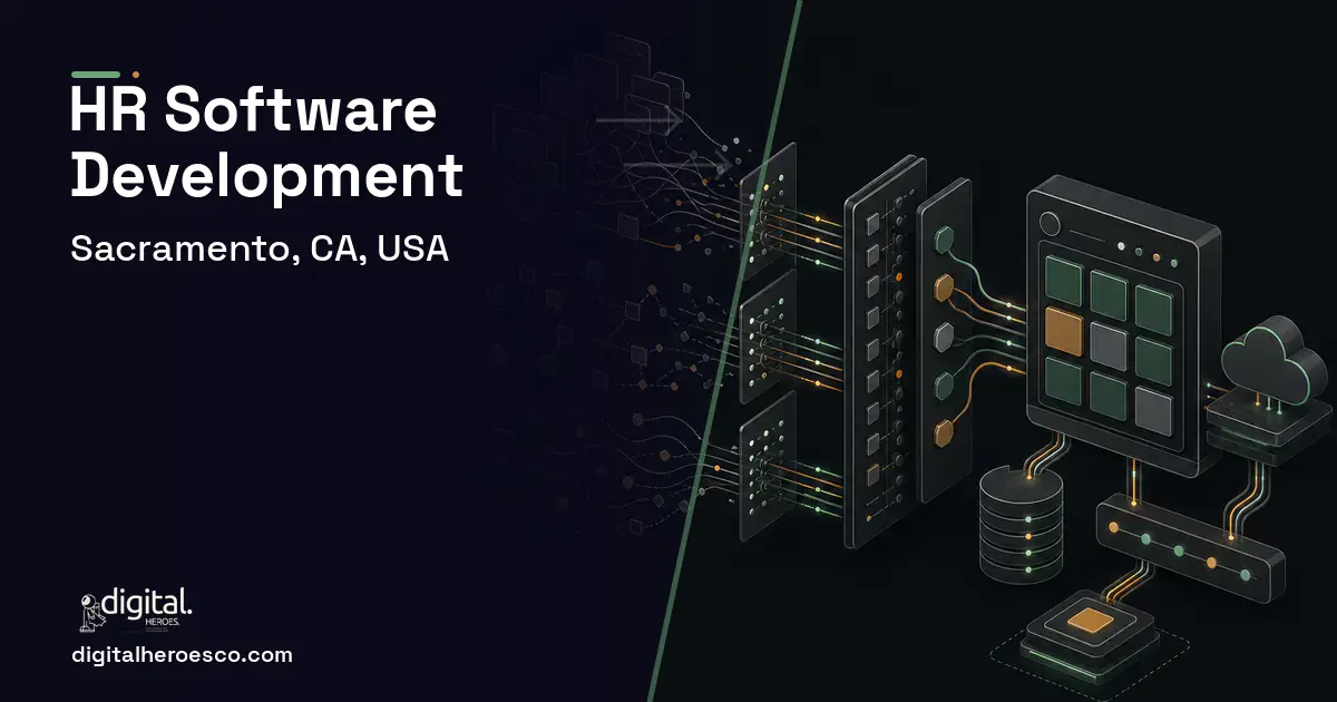 HR Software Development workflow illustration for Sacramento, CA, USA.