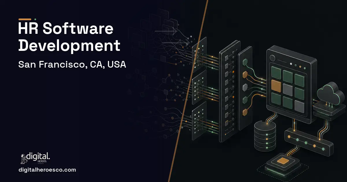 HR Software Development workflow illustration for San Francisco, CA, USA.