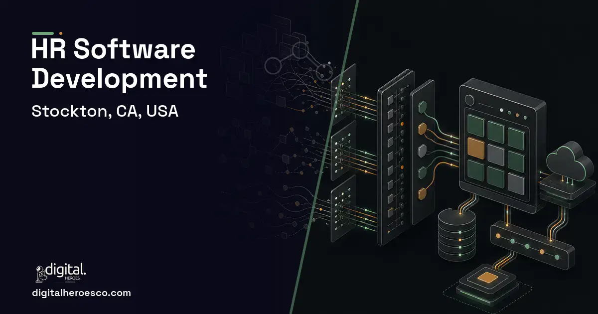 HR Software Development workflow illustration for Stockton, CA, USA.