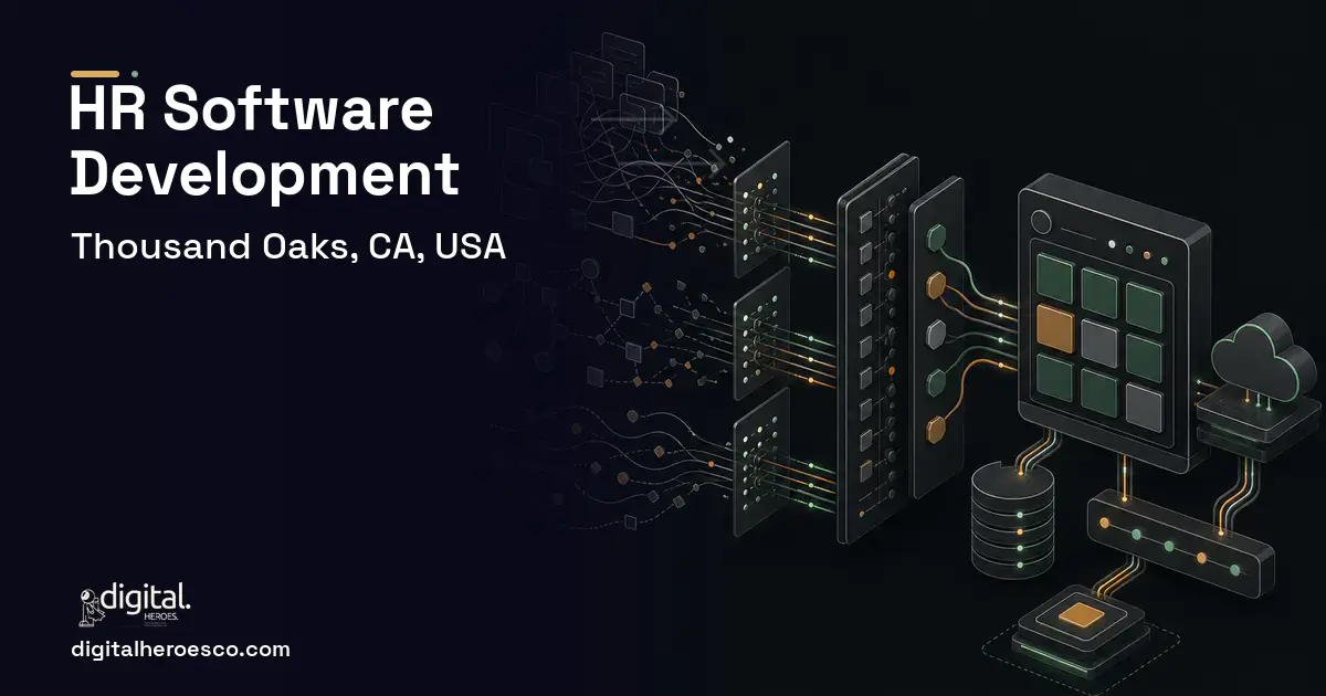 HR Software Development workflow illustration for Thousand Oaks, CA, USA.