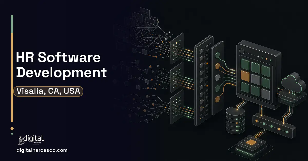 HR Software Development workflow illustration for Visalia, CA, USA.
