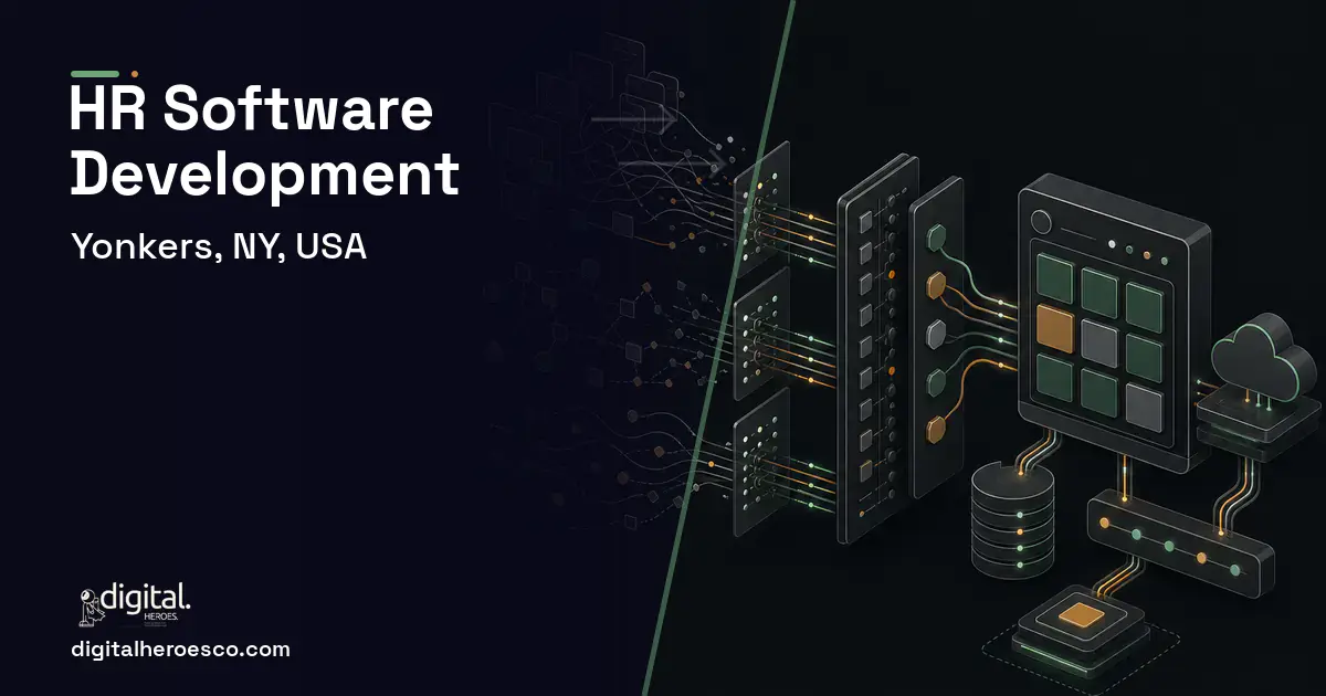HR Software Development workflow illustration for Yonkers, NY, USA.