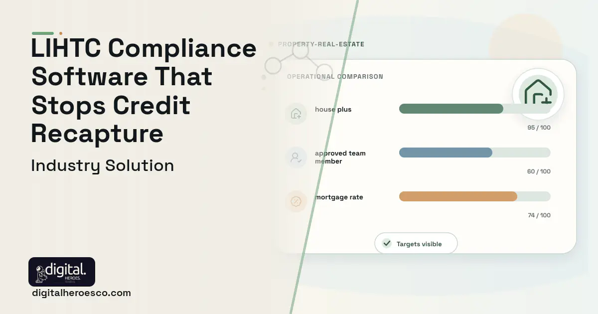 Affordable Housing Compliance software visual showing house plus, approved team member, and mortgage rate.
