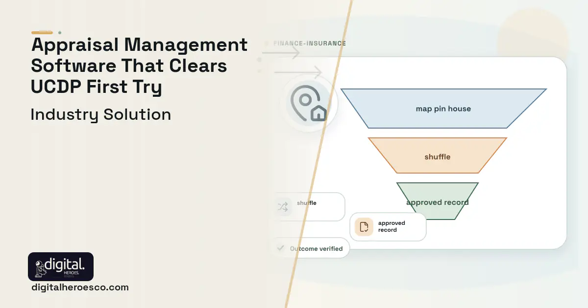 Appraisal Management Company software visual showing map pin house, shuffle, and approved record.
