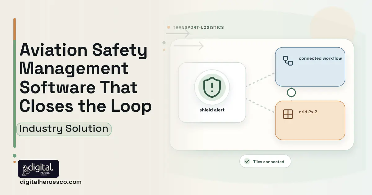 Aviation Safety Management software visual showing shield alert, connected workflow, and grid 2x 2.