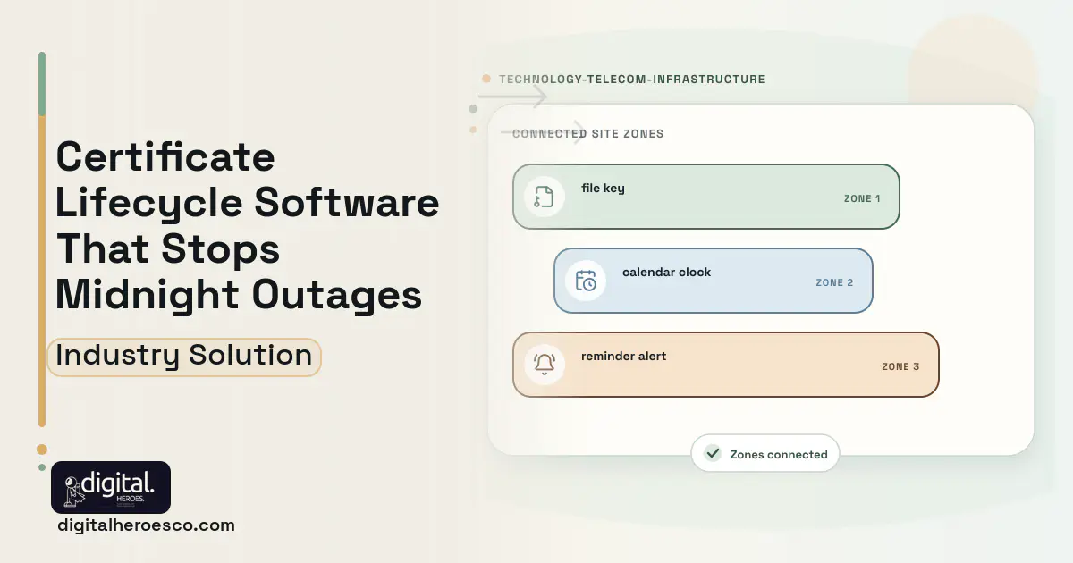 Certificate Lifecycle Management software visual showing file key, calendar clock, and reminder alert.