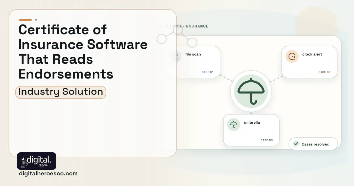Certificate of Insurance Tracking software visual showing umbrella, file scan, and clock alert.