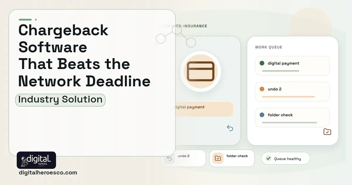 Chargeback Dispute Management software visual showing digital payment, undo 2, and folder check.