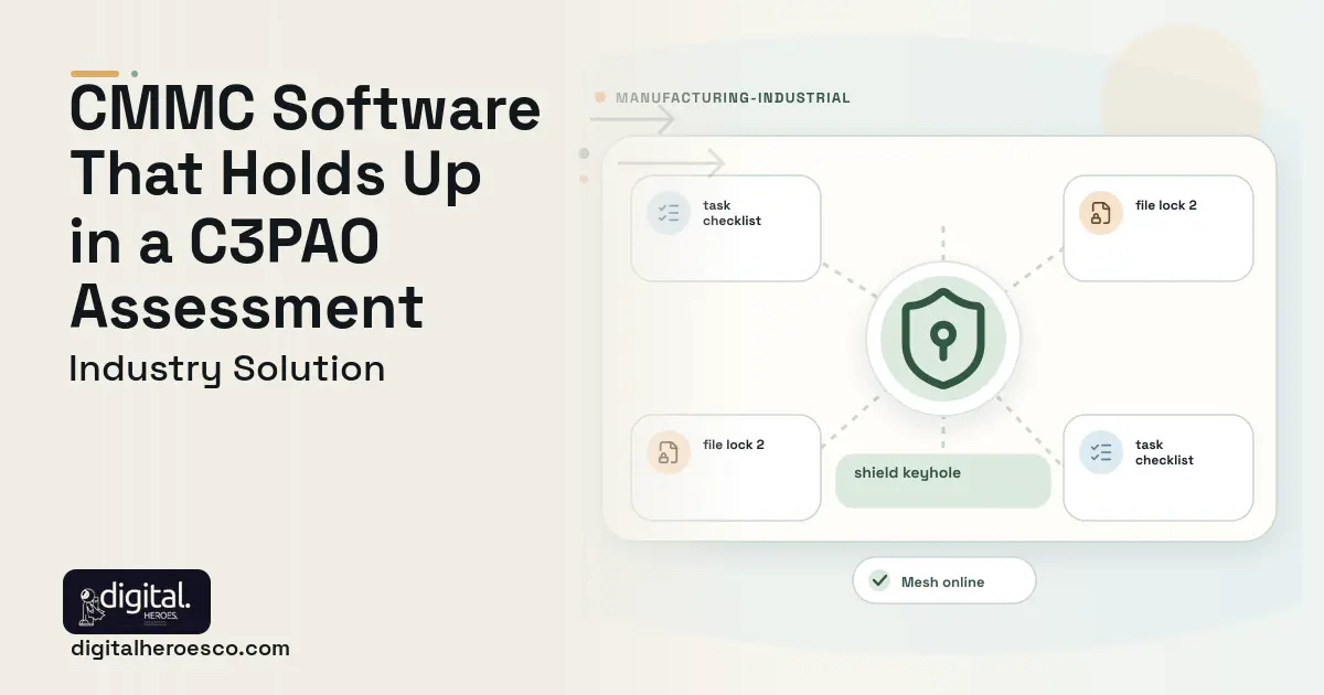 Cmmc Compliance Management software visual showing shield keyhole, task checklist, and file lock 2.
