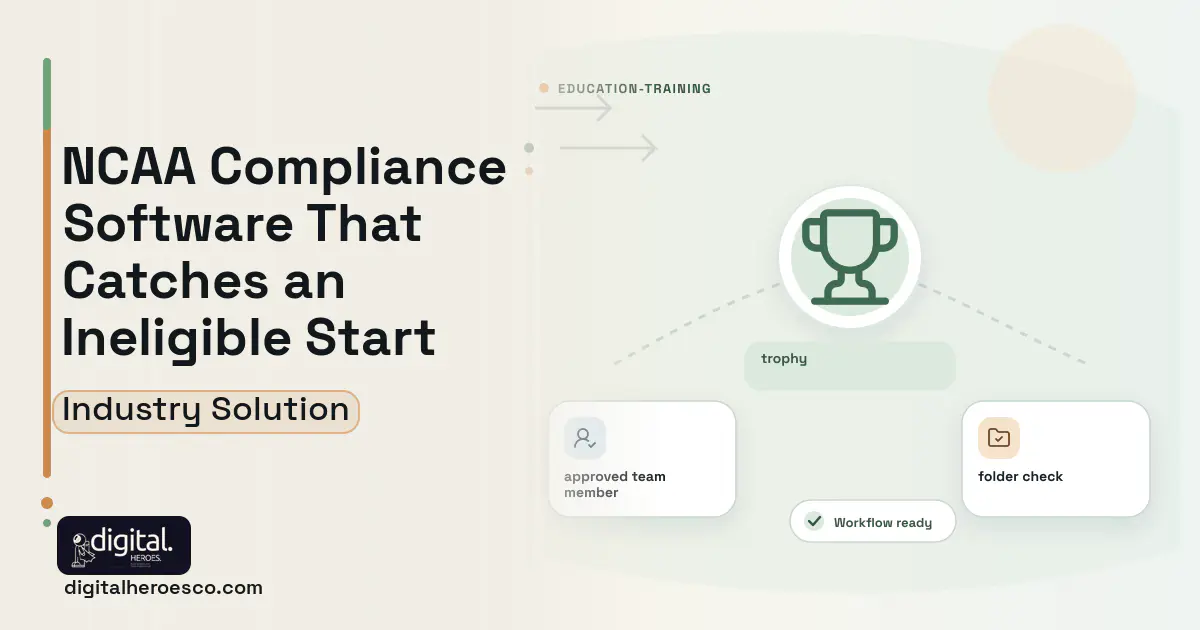 College Athletics Compliance software visual showing trophy, approved team member, and folder check.