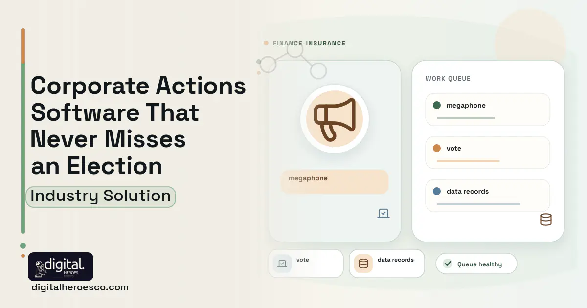 Corporate Actions Processing software visual showing megaphone, vote, and data records.