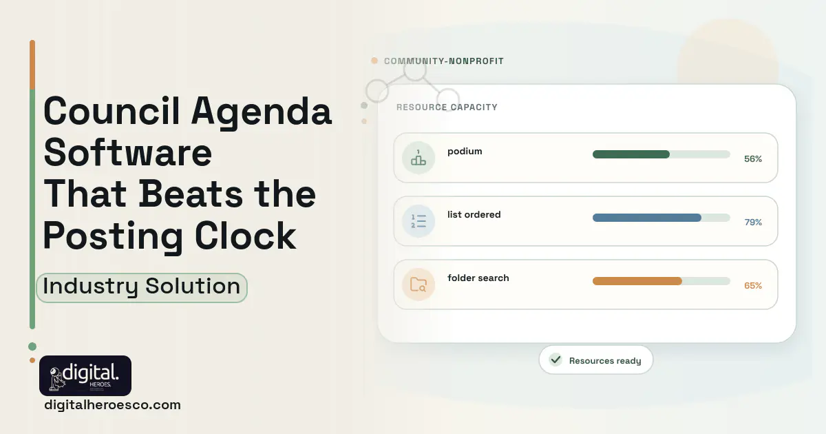 Council Agenda Management software visual showing podium, list ordered, and folder search.