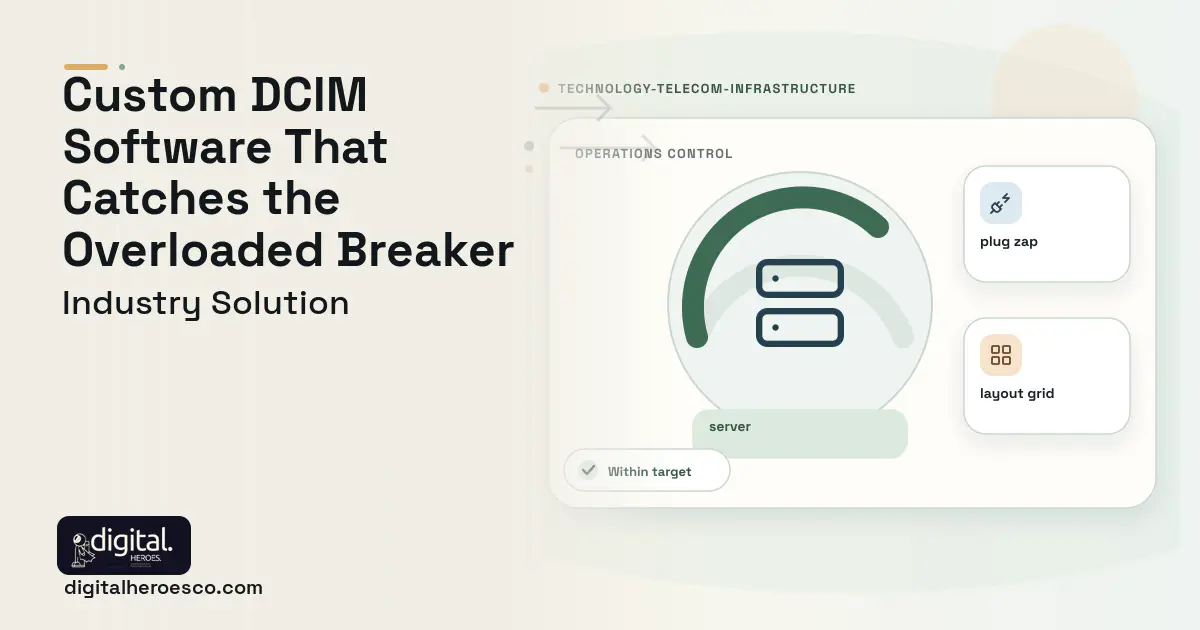 DCIM software visual showing server, plug zap, and layout grid.