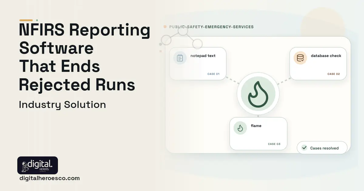 Fire Incident Reporting software visual showing flame, notepad text, and database check.