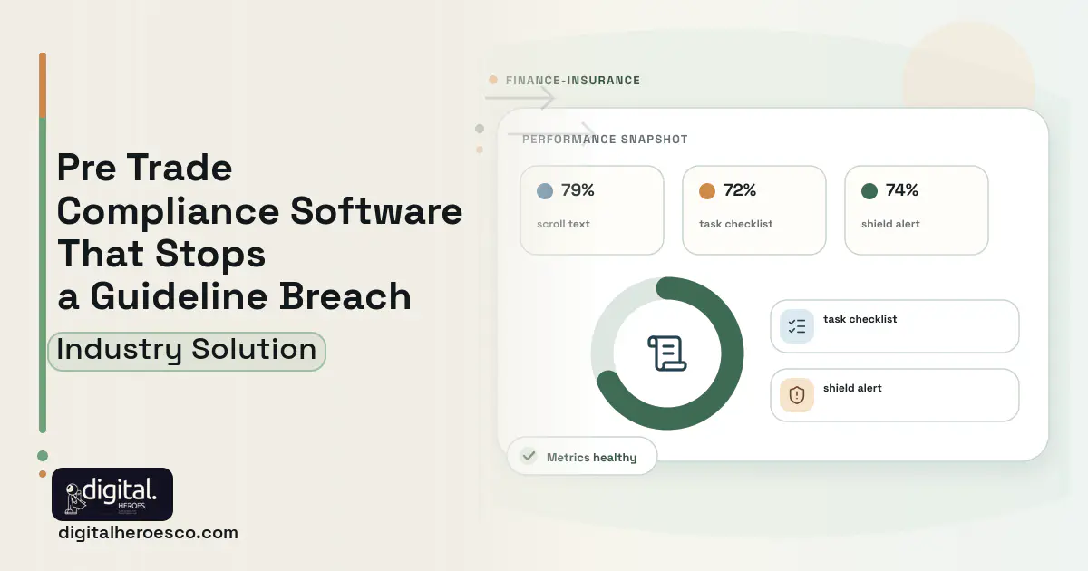 Investment Compliance Rules Engine software visual showing scroll text, task checklist, and shield alert.