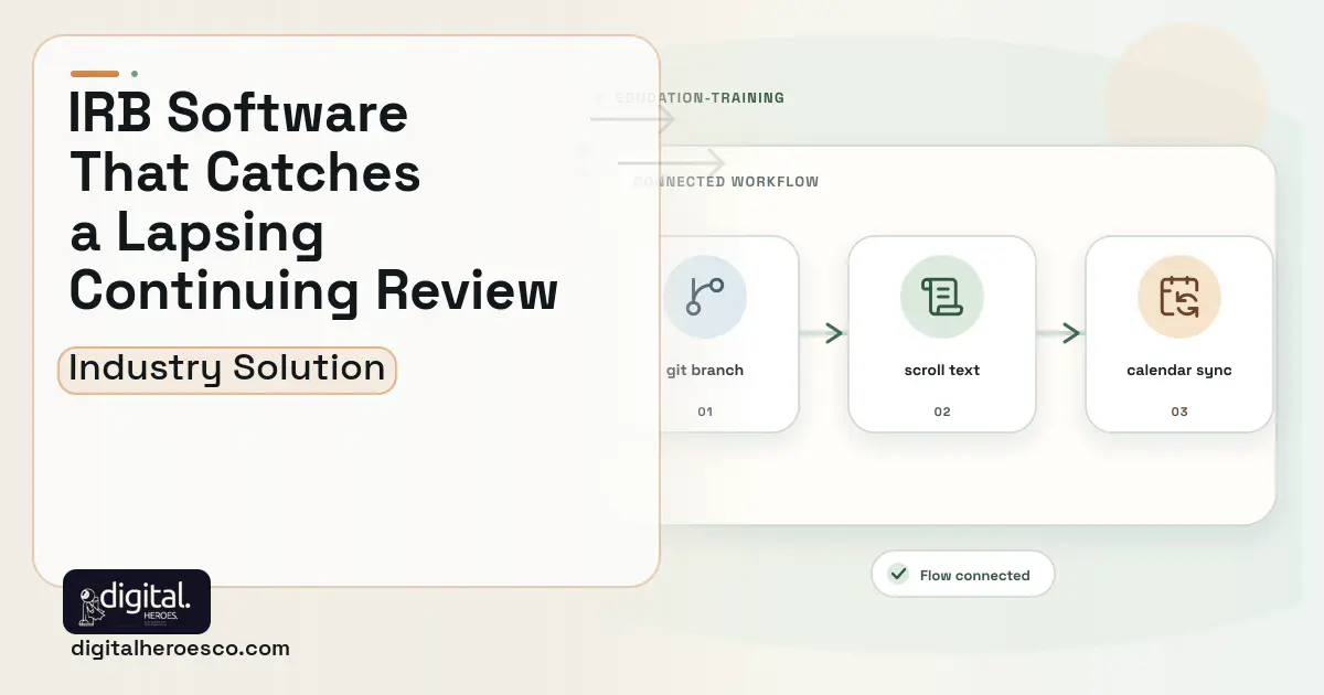 Irb and Research Compliance software visual showing scroll text, git branch, and calendar sync.