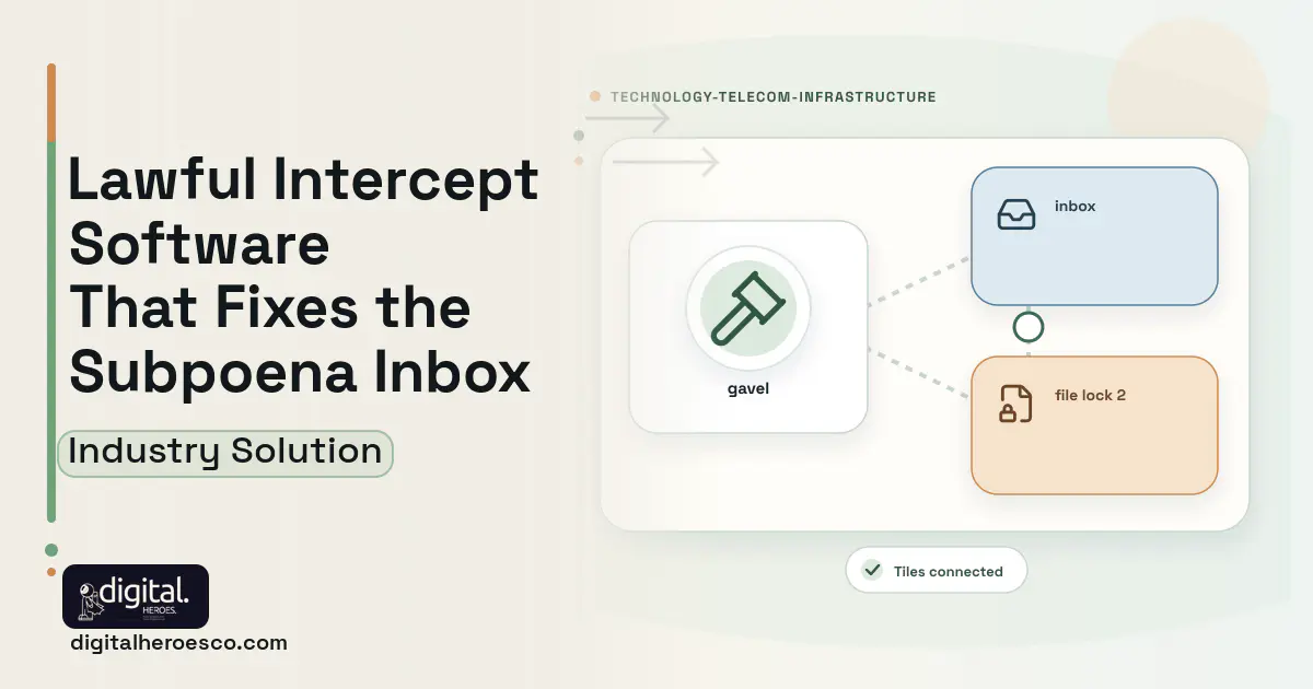 Lawful Intercept Compliance software visual showing gavel, inbox, and file lock 2.