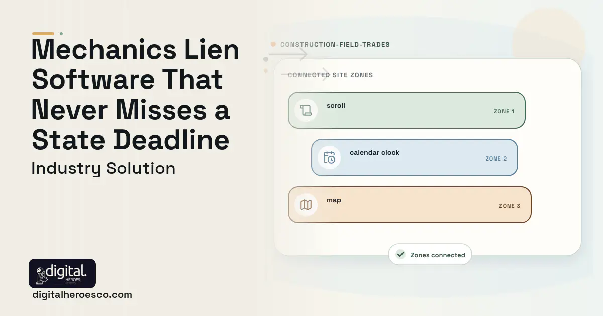 Mechanics Lien Management software visual showing scroll, calendar clock, and map.