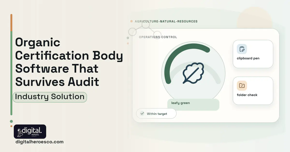 Organic Certification Body software visual showing leafy green, clipboard pen, and folder check.