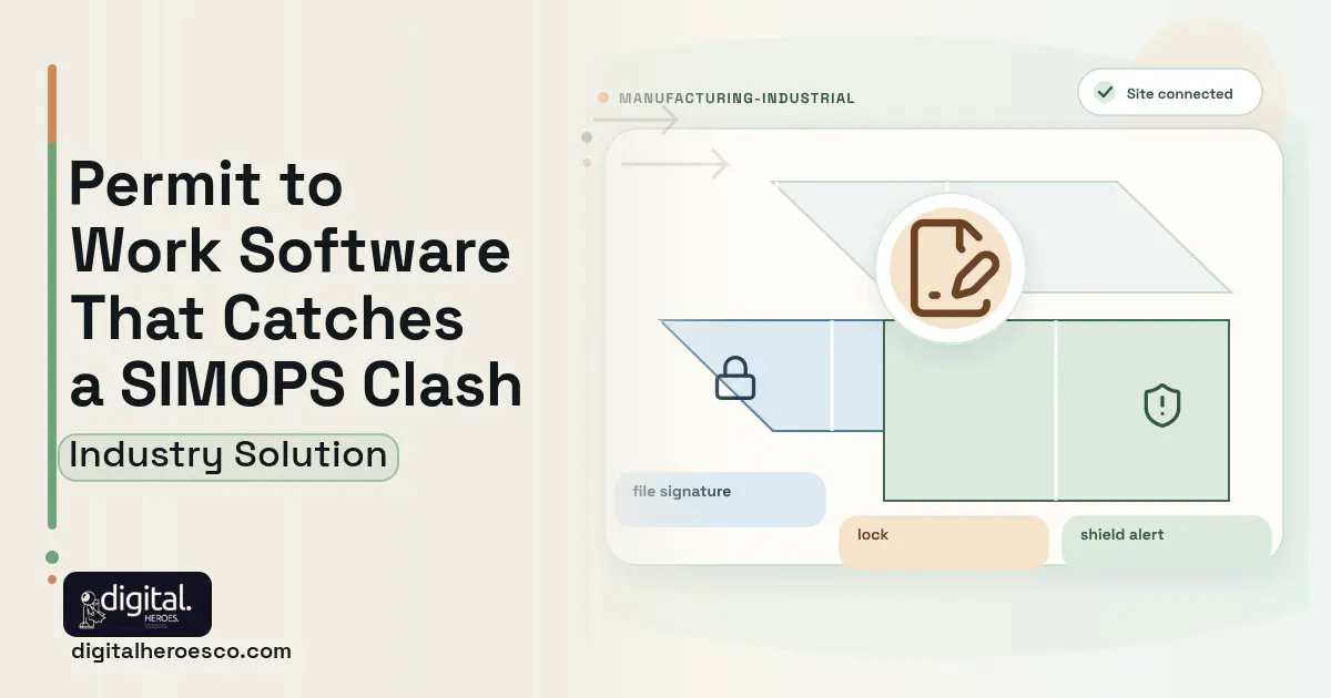 Permit to Work software visual showing file signature, lock, and shield alert.