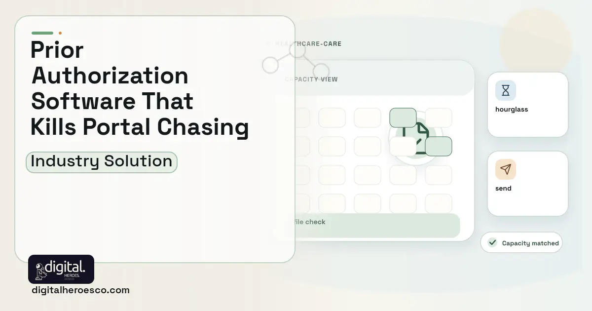 Prior Authorization Automation software visual showing file check, hourglass, and send.