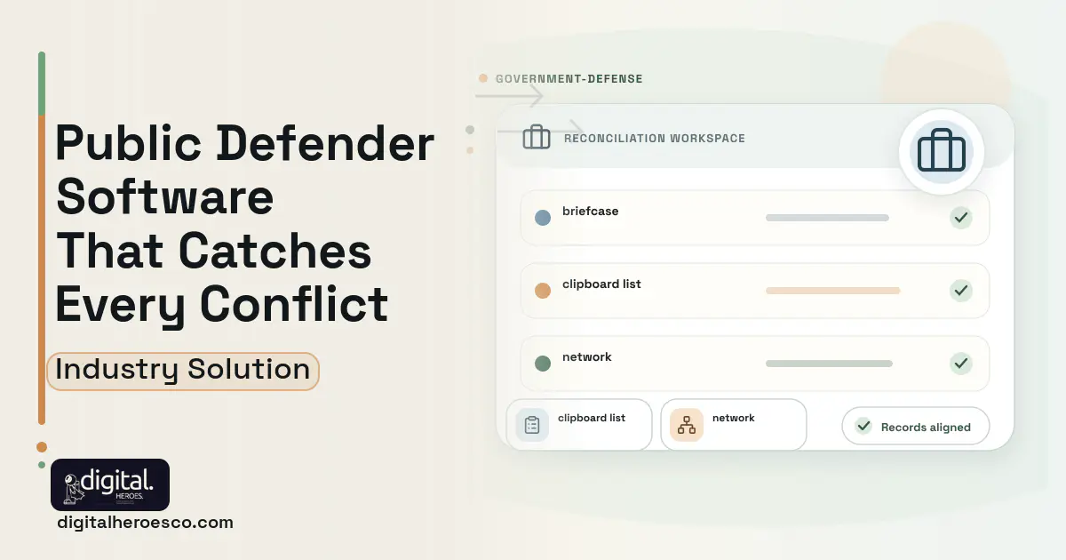 Public Defender Case Management software visual showing briefcase, clipboard list, and network.