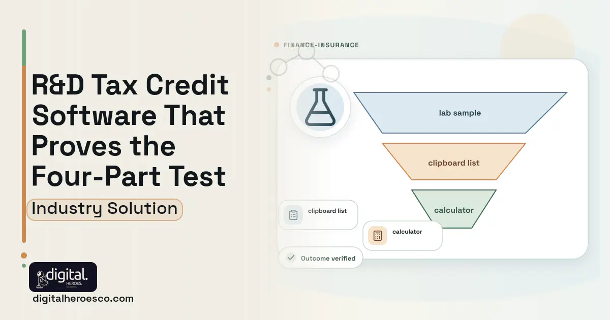 R and D Tax Credit Study software visual showing lab sample, clipboard list, and calculator.