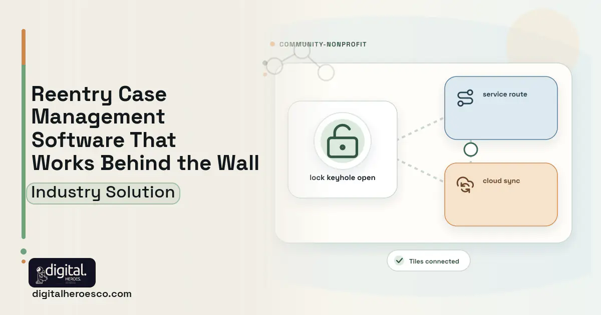 Reentry Services software visual showing lock keyhole open, service route, and cloud sync.